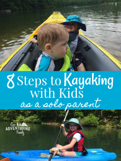 8 steps to kayaking with kids as a solo parent. Image shows kids in kayaks.