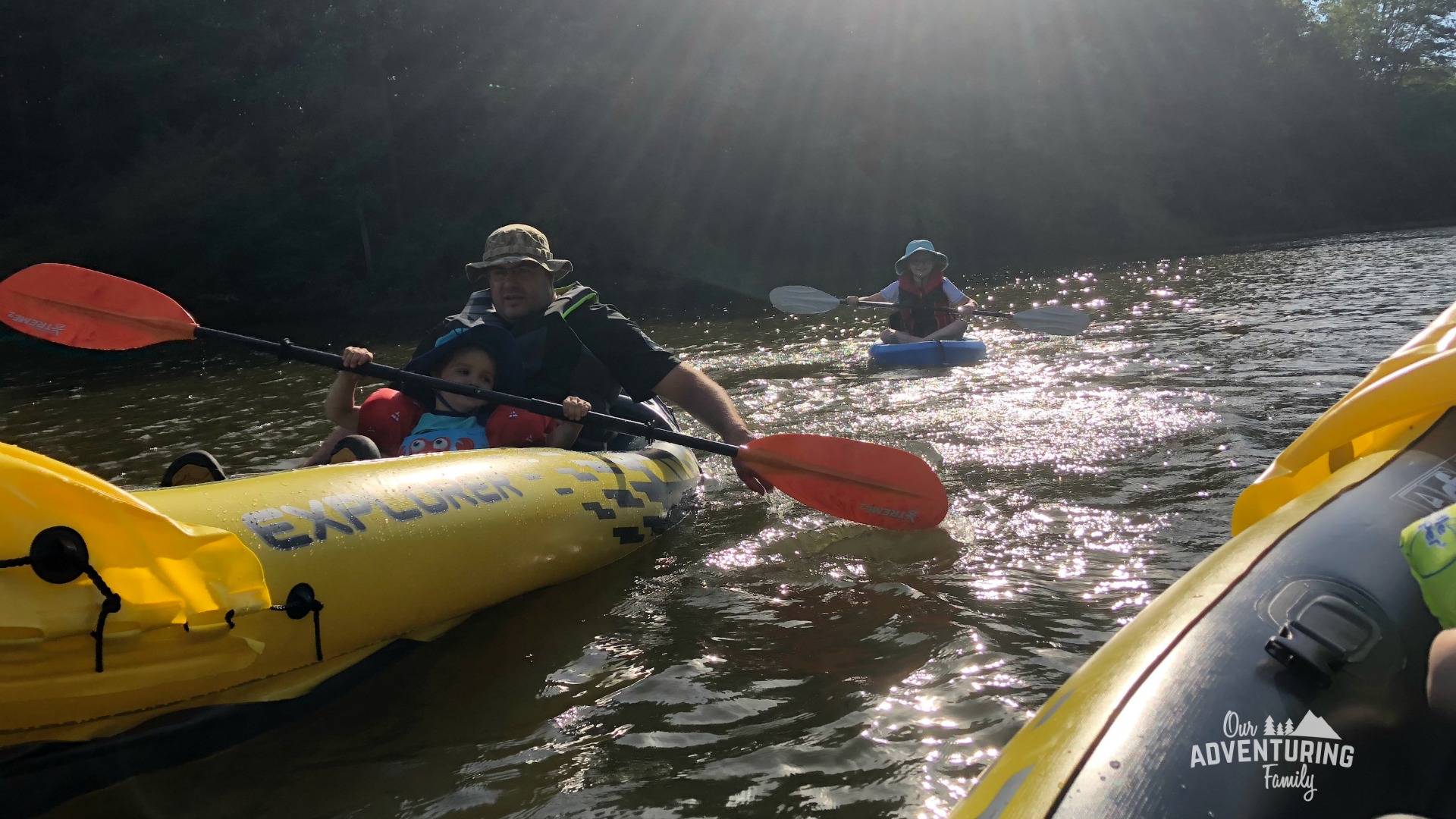 We've kayaked as a family a few times now and here's the gear we recommend for beginning kayakers who don't want to spend a lot, but still want to have fun! Find the list at ouradventuringfamily.com.