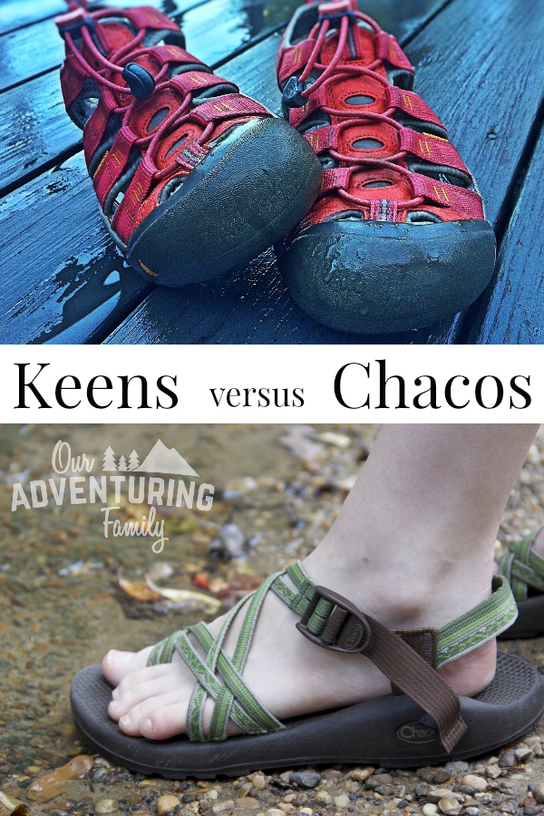 Keens vs Chacos: which should you buy? They both have advantages and disadvantages, and here’s my experiences with both and what I’m currently wearing. Find out more at ouradventuringfamily.com. 