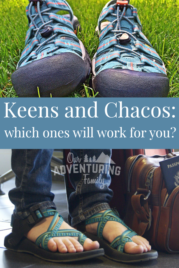 Keens vs Chacos: which should you buy? They both have advantages and disadvantages, and here’s my experiences with both and what I’m currently wearing. Find out more at ouradventuringfamily.com. 