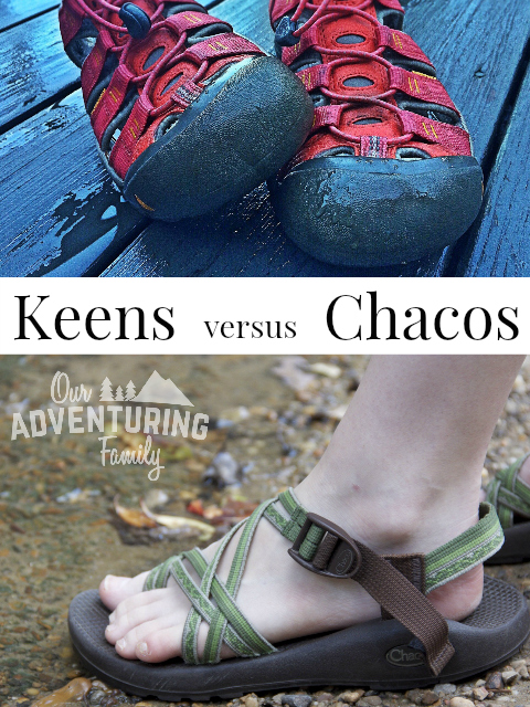 Keens vs Chacos: which should you buy? They both have advantages and disadvantages, and here’s my experiences with both and what I’m currently wearing. Find out more at ouradventuringfamily.com.