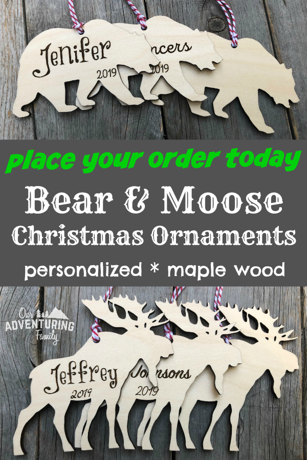 Engraved wood ornaments are perfect for your tree or to give as gifts. Our bear and moose ornaments make great gifts for the outdoorsy people in your life. Find out more at ouradventuringfamilly.com.