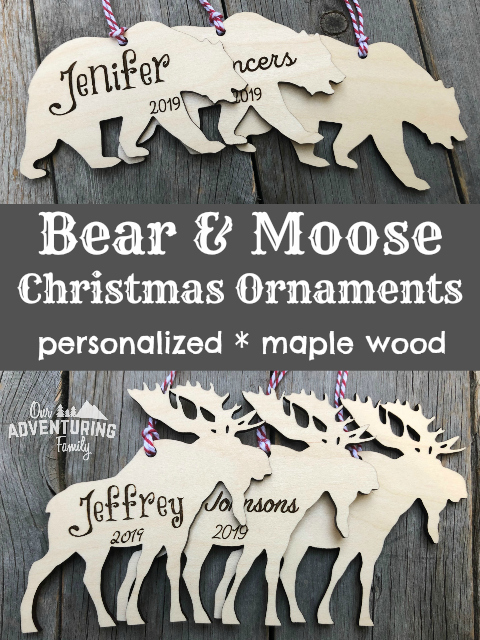 Engraved wood ornaments are perfect for your tree or to give as gifts. Our bear and moose ornaments make great gifts for the outdoorsy people in your life. Find out more at ouradventuringfamilly.com.