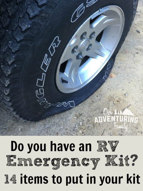 What do you carry with you to deal with RV emergencies? We’ve added to our RV emergency kit over the years, and here’s some ideas for what to include in your kit. Find the list at ouradventuringfamily.com.