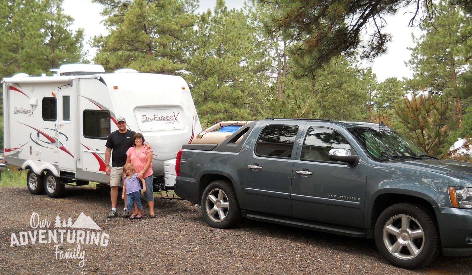 family in front of their truck and travel trailer