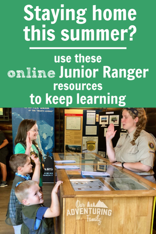 Online Junior Ranger programs can be a good way to learn about the national parks while social distancing this summer. Fun & learning for the whole family. Find out more at ouradventuringfamily.com.